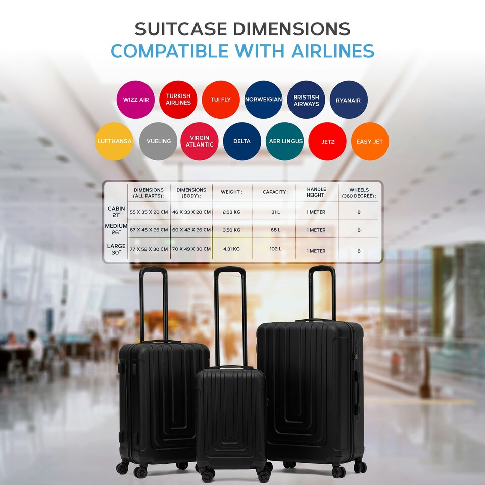 image 1 of Flight Knight Premium Lightweight Suitcase - Built-in Side Lock with USB Port - 8 Spinner Wheels - Hard Shell Carry On Or Check in Luggage 100 Airlines Approved Black | Large