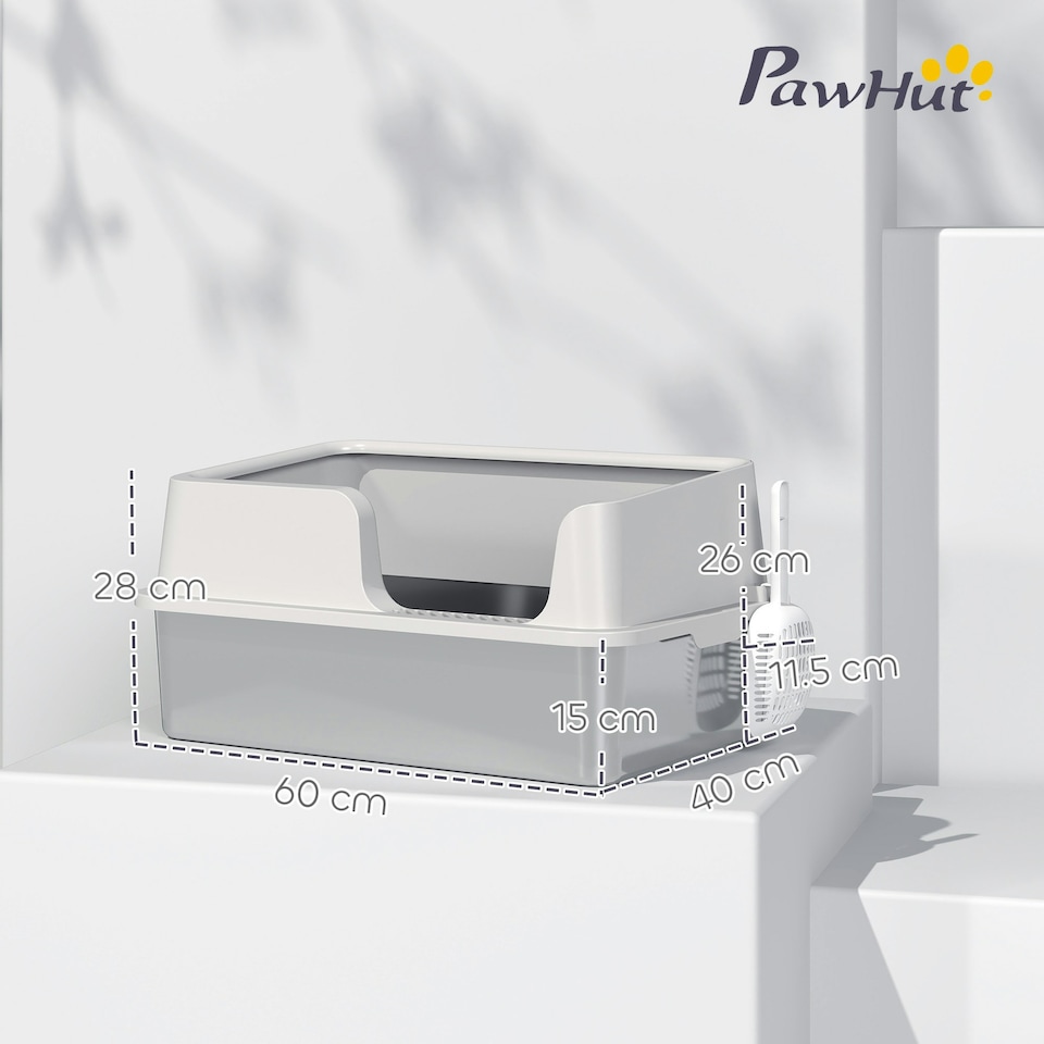 image 1 of PawHut Stainless Steel Litter Box, High Sided Metal Cat Litter Tray w/ Scoop Grey