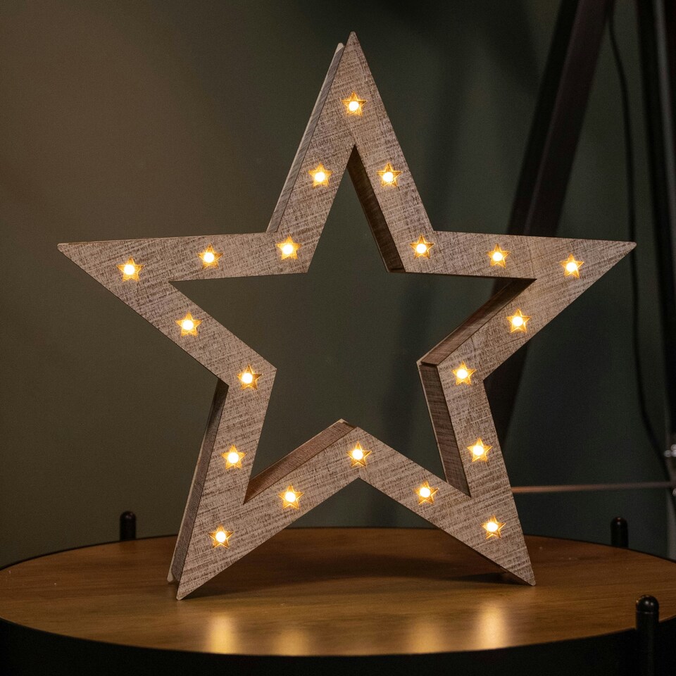 image 1 of Set of 3 Battery Operated Light up Wooden Christmas Stars with Warm White LEDs