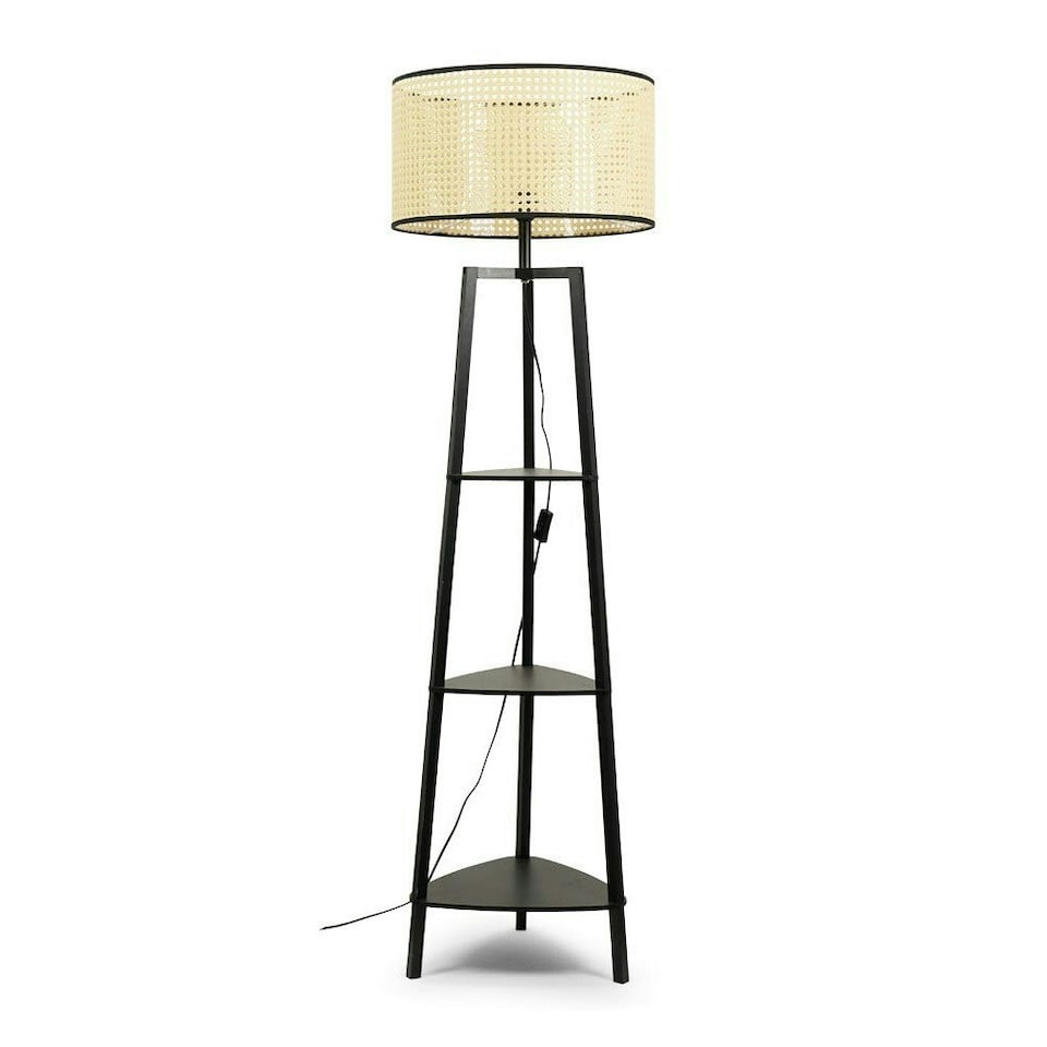 image 1 of ValueLights Hiru Black 3 Tier Shelf Floor Lamp Wicker Shade