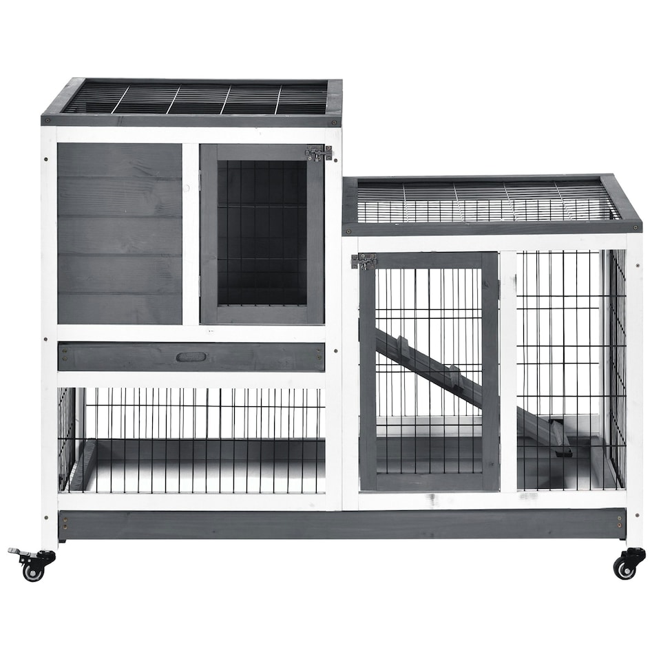 image 1 of PawHut Wooden Indoor Rabbit Hutch Elevated Bunny Cage with Enclosed Run W/Wheel