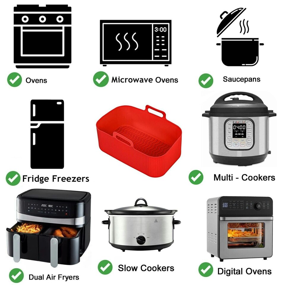 image 1 of SPARES2GO Rectangular Non-Stick Silicone Basket Drawer Liners for Air Fryer (Pack of 2, Red)