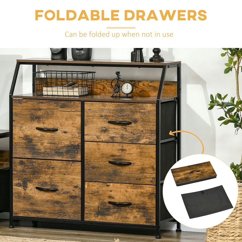 image 1 of HOMCOM Bedroom Chest of Drawers with 5 Fabric Drawers, Open Shelf