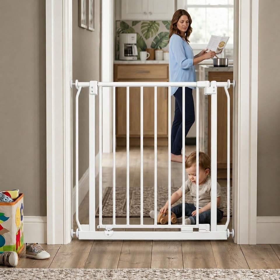 image 1 of Safetots Extra Tall Elite Safety Gate, 65.5cm - 74.5cm, Matt White, Extra Tall 96.8cm in Height, Pressure Fit Stair Gate