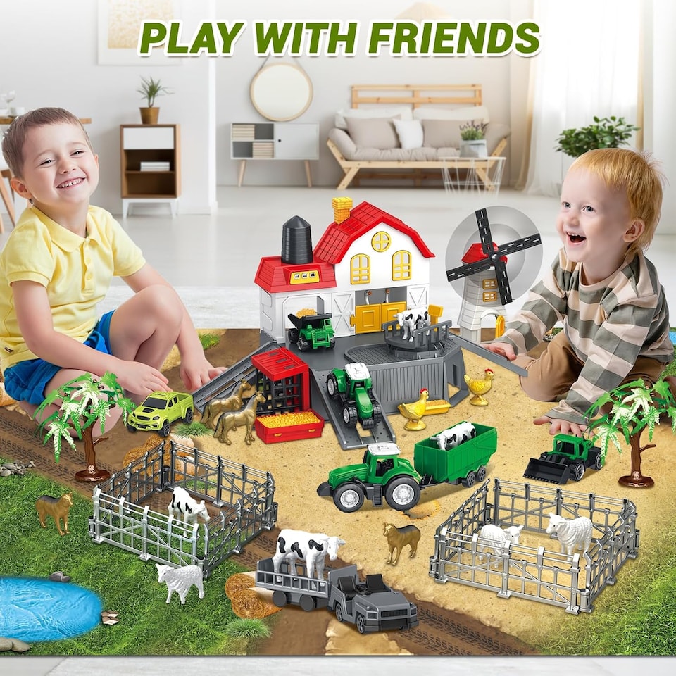 image 1 of 39PCS DIY Farm Animal Playset with Tractor Vehicles, Barn, Fences & Large Play Mat – Educational Farm Toy for Kids Ages 3+