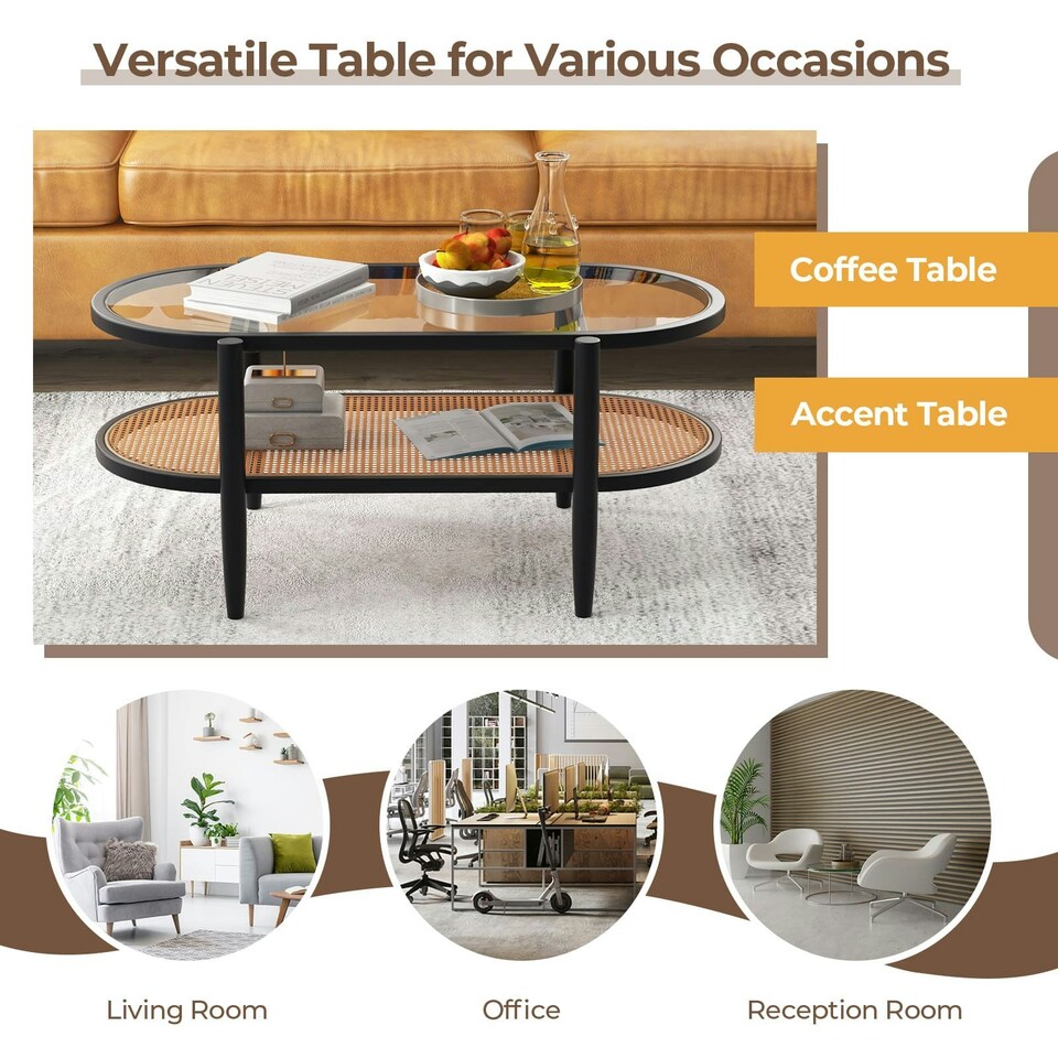 image 1 of COSTWAY 2-Tier Coffee Table Rattan Center Table with Storage Black