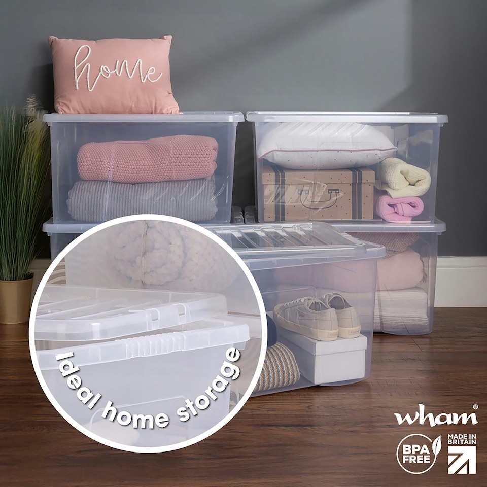 image 1 of Wham Crystal 5 x 60L Stackable Plastic Storage Boxes with Lids Clear