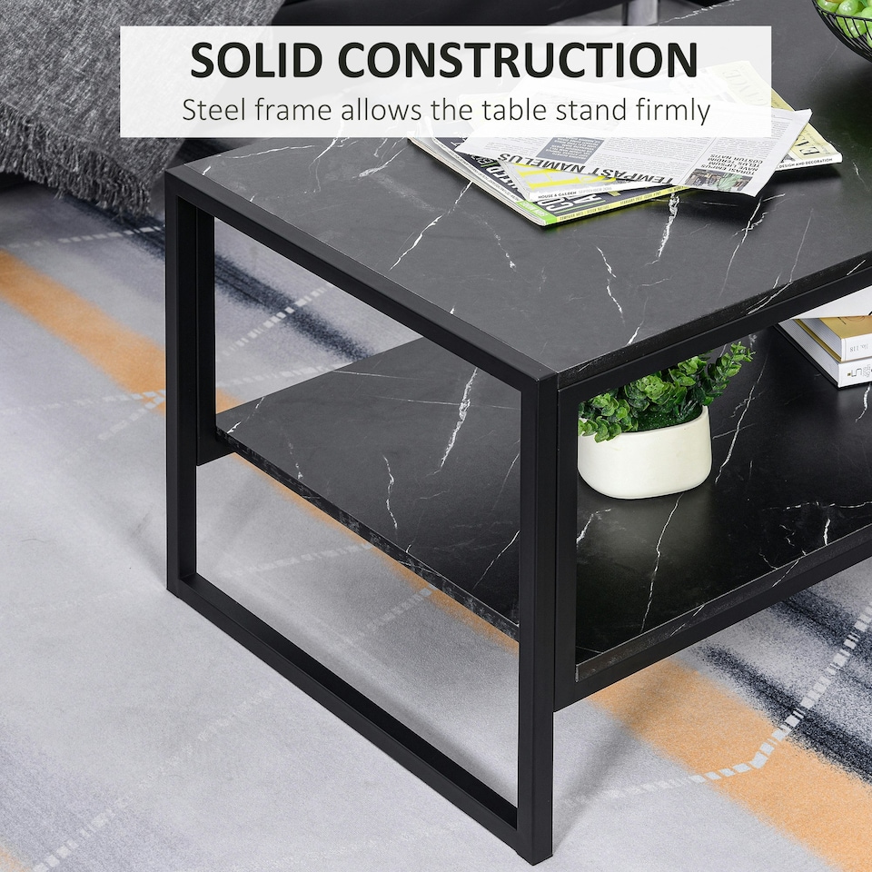 image 1 of HOMCOM Two-Tier Coffee Table Marble Effect Shelf Metal Frame Black Black