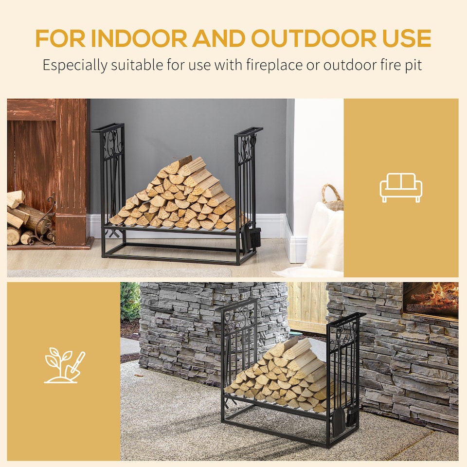 image 1 of HOMCOM Steel Firewood Log Holder Indoor Outdoor Firewood Rack Fireplace Wood Storage Shelf with 4 Tools, Hooks, Scrolls, RustResistant, Black, 75L x 30W x 60H cm