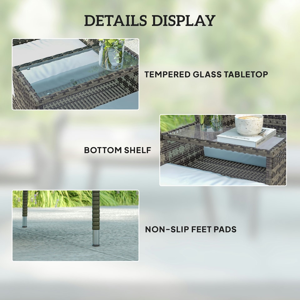 image 1 of Outsunny 2-Seat Rattan Bench w/Glass Table, Charcoal Grey Grey