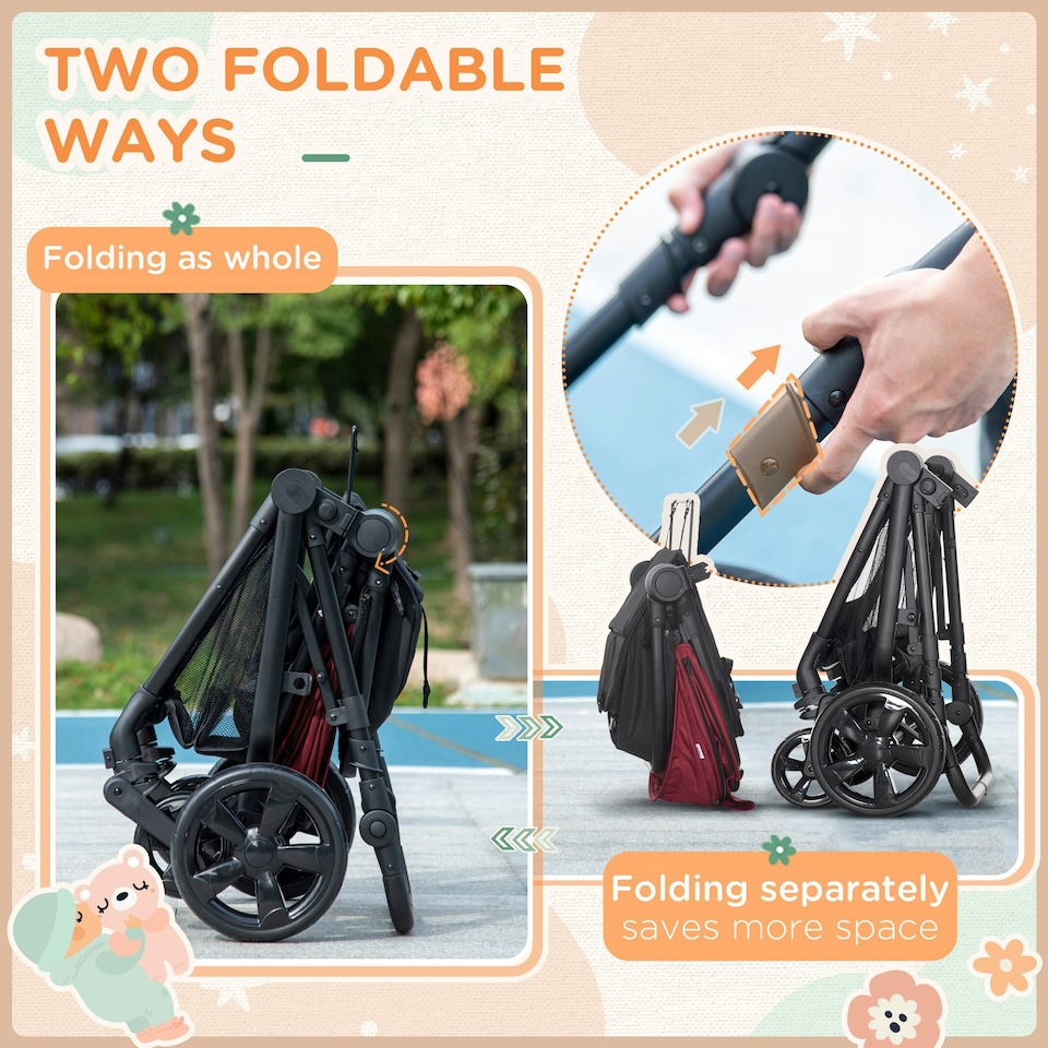 image 1 of HOMCOM 2 in 1 Pushchair Stroller w/ Reversible Seat Single Hand Foldable Red