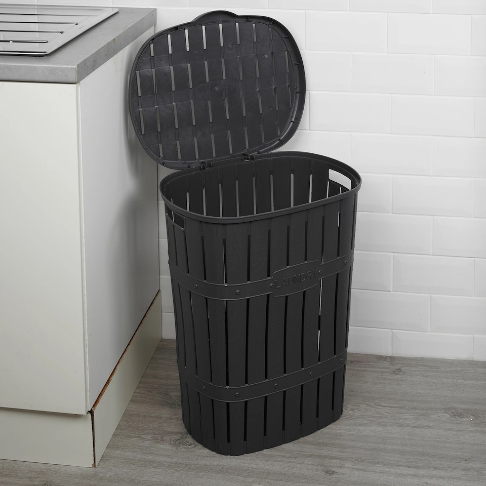 image 1 of 65L Plastic Bamboo Style Laundry Basket Storage Bin With Handles & Easy Open Lid | Black | Anthracite | 65 Litre