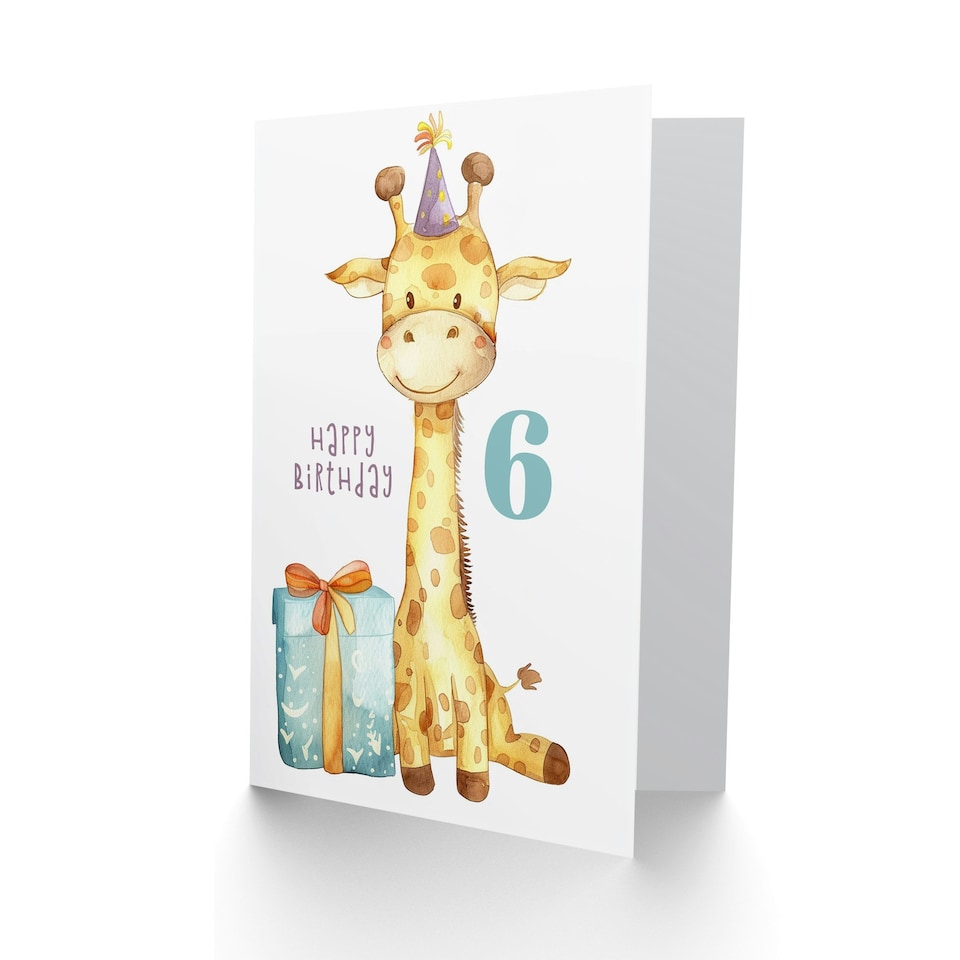 image 1 of 6th Cute Baby Giraffe Party Hat Cartoon Kids Age 6 Year Old Child Birthday Card