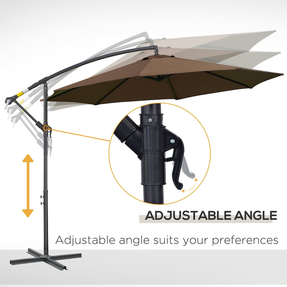 image 1 of Outsunny 3(m) Garden Banana Parasol Cantilever Umbrella w/Crank& Base, Brown