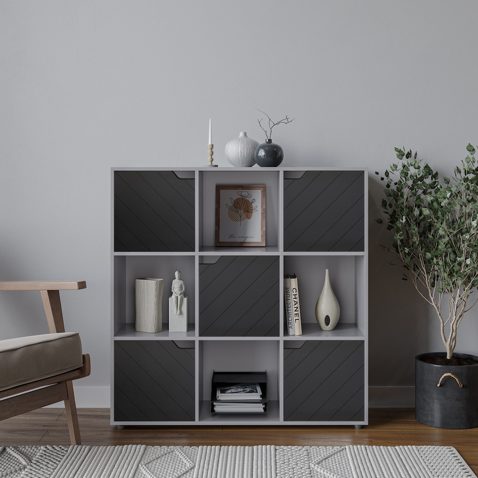 image 1 of White 9-Cube Shelving Unit With Lined Doors | Grey | Grey & Black | 1