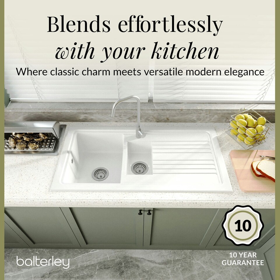 image 1 of Fireclay Kitchen Drop In Sink - 1.5 Bowls & Grooved Draining Area (Wastes Sold Separately) - White - 1010mm x 525mm - Balterley