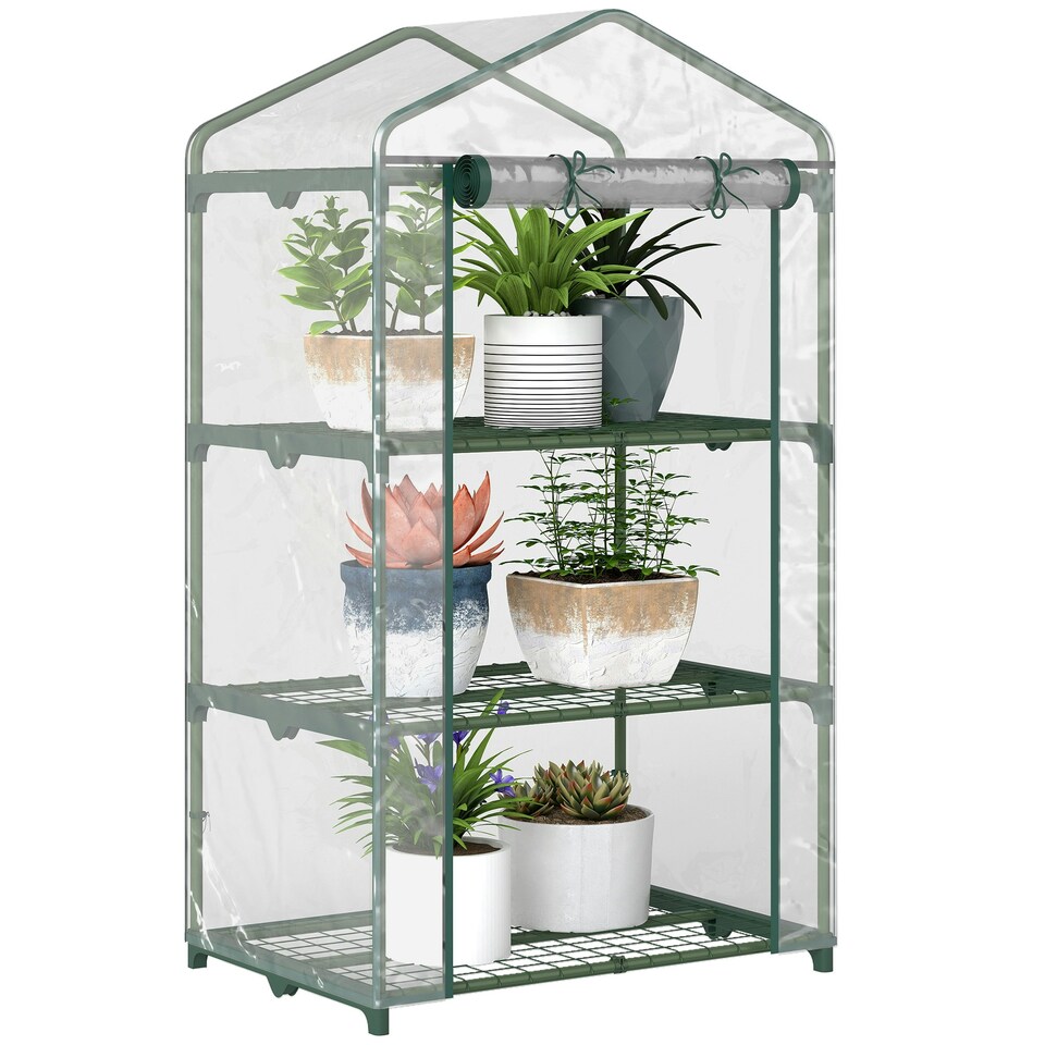 image 1 of Outsunny 3 Tier Mini Greenhouse Grow House w/ Roll Up Door, Clear