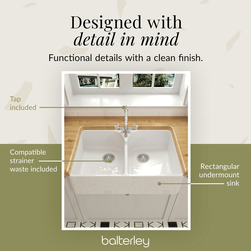 image 1 of 795mm - Double Bowl Fireclay Butler Kitchen Sink - Stepped Weir, Classic Tap  & Waste