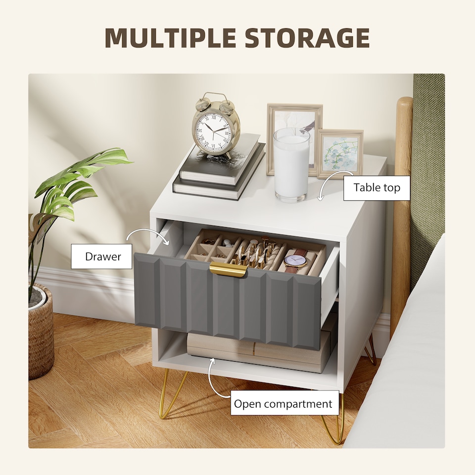 image 1 of HOMCOM Bedside Table with Drawer, Modern Bedside Cabinet with Open Compartment and Handle, Bedside Drawers for Bedroom, Living Room, White