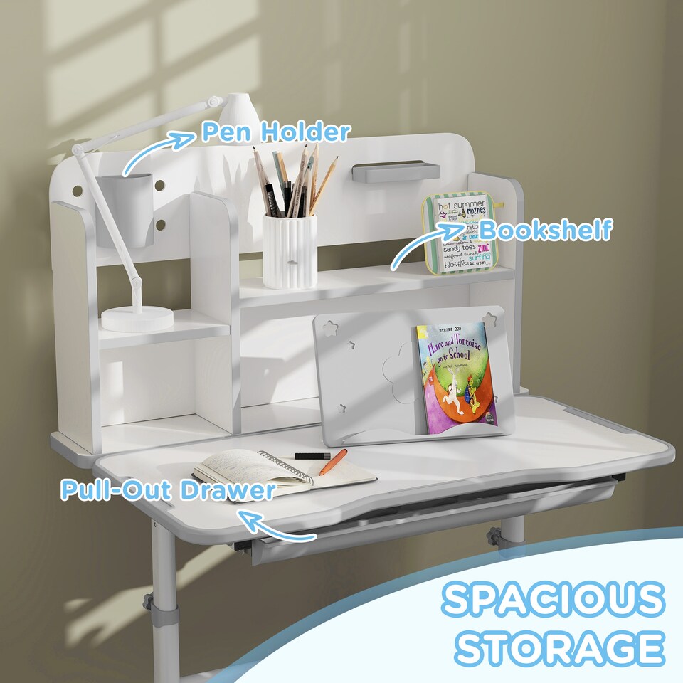 image 1 of AIYAPLAY Kids Desk and Chair Set w/ Tiltable Desktop, Reading Rack, Grey