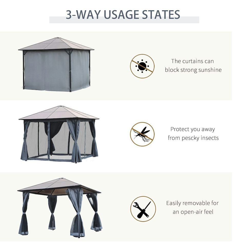 image 1 of Outsunny 3 x 3(m) Polycarbonate Hardtop Gazebo with Aluminium Frame and Curtains