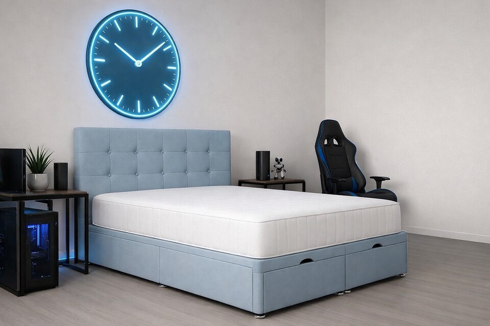 image 1 of Ottoman Sky Blue Plush 5ft Kingsize Storage Bed Set with Headboard and Mattress