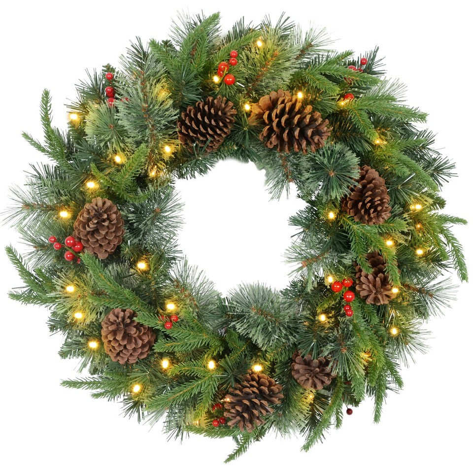image 1 of HOMCOM 60cm Christmas Wreath with LED Lights Pine Cones Red Berries Green