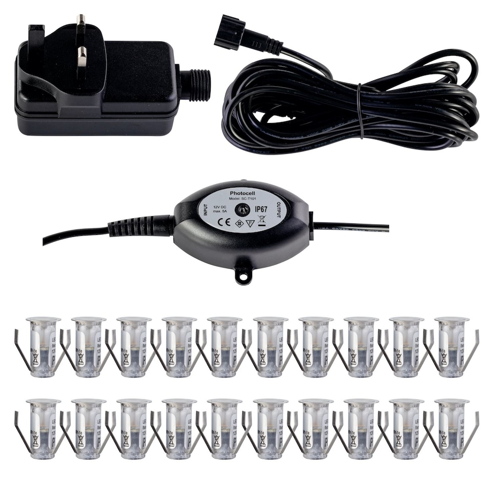image 1 of Set of 20 - 15mm IP67 Warm White LED Decking Kit with Photocell | Chrome | Clear | 20