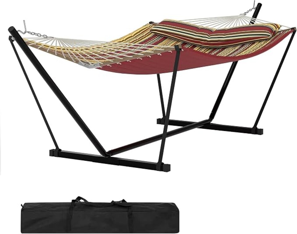 image 1 of London Boutique Double Hammock with Steel Stand, Burgundy Brown 3.65L x1.4W m