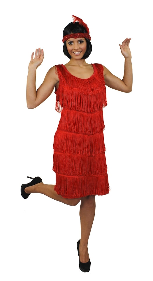image 1 of Deluxe Red Flapper Costume with Matching Sequin Headband and Silver Pearl Necklace | Red | S