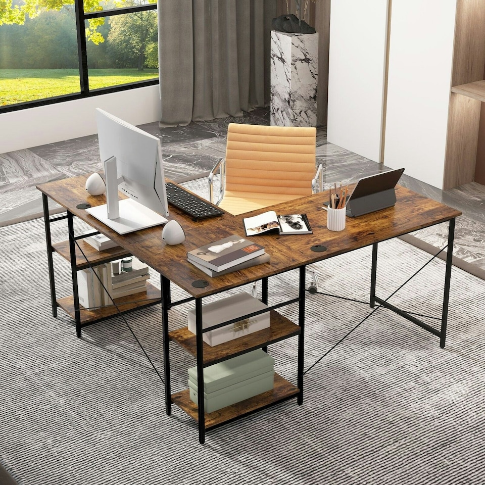 image 1 of COSTWAY L-Shaped Computer Desk Writing Desk Workstation Brown Brown