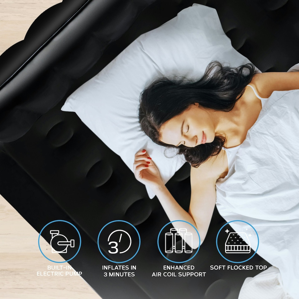 image 1 of Get Fit Air Bed With Built In Electric Pump - Premium Double Airbed - Quick Blow Up Bed With Headboard & 2 Free Inflatable Pillows - Air Mattress- Black Mono