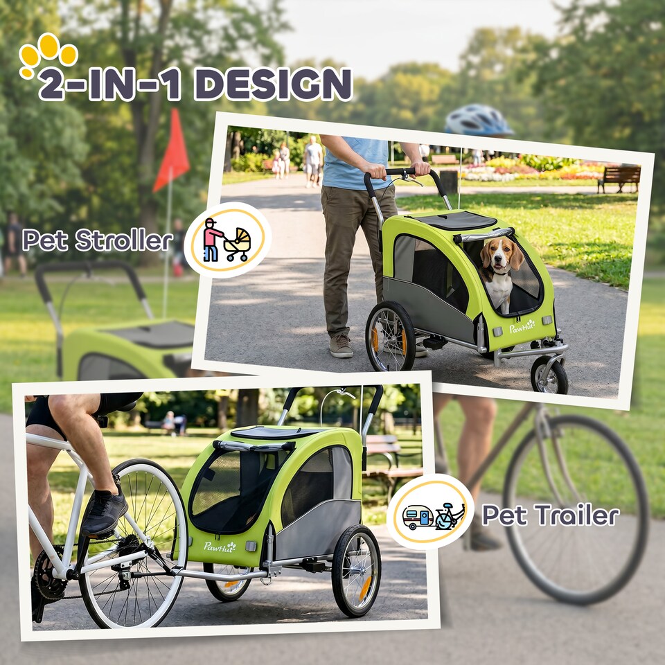 image 1 of PawHut 2 in 1 Pet Stroller Dog Bike Trailer for Medium Dogs, Green