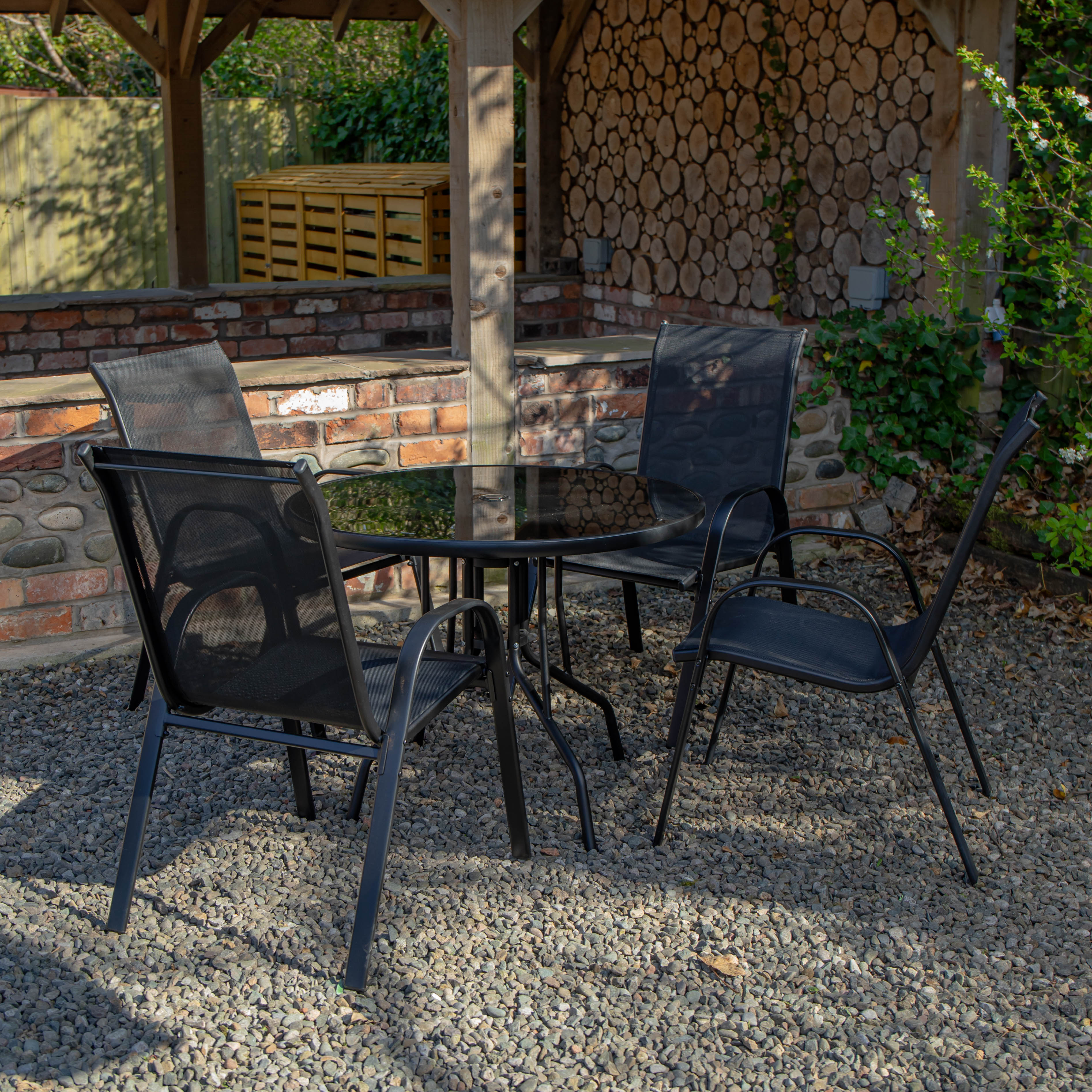 Outdoor 4 Person Round Glass Top Garden Patio Dining Table Chairs Set