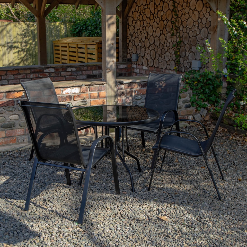 image 1 of Outdoor 4 Person Round Glass Top Garden Patio Dining Table Chairs Set