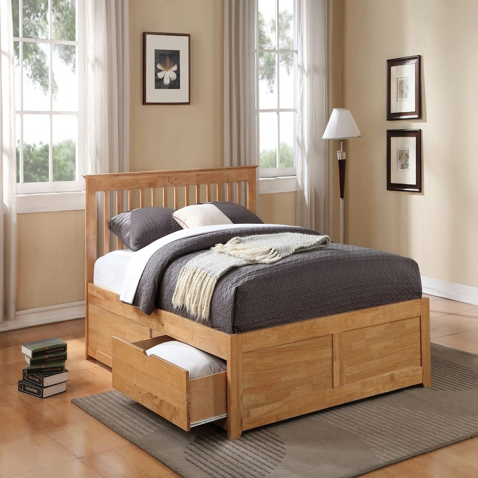 image 1 of 4ft6 Double Oak Finish Wood Bed Frame.2 Drawer Storage,Wooden Woodern, Bedstead