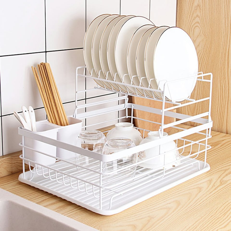 image 1 of Living and Home 2-Tier Metal Kitchen Dish Drainer Rack, White