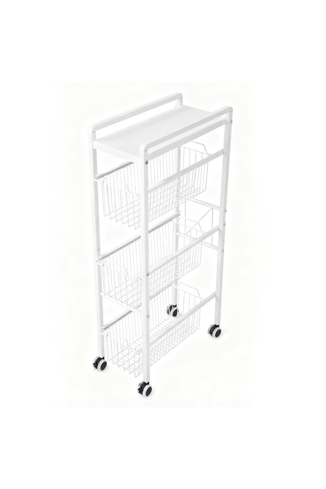 image 1 of Living and Home 4-Tier Kitchen Storage Trolley with Pull-Out Baskets, White | White | 4 Tier