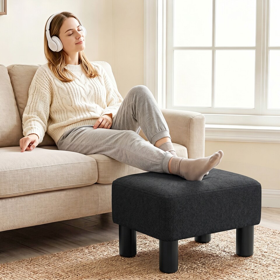 image 1 of HOMCOM Chic Linen Fabric Foot Stool Ottoman Cube with Legs
