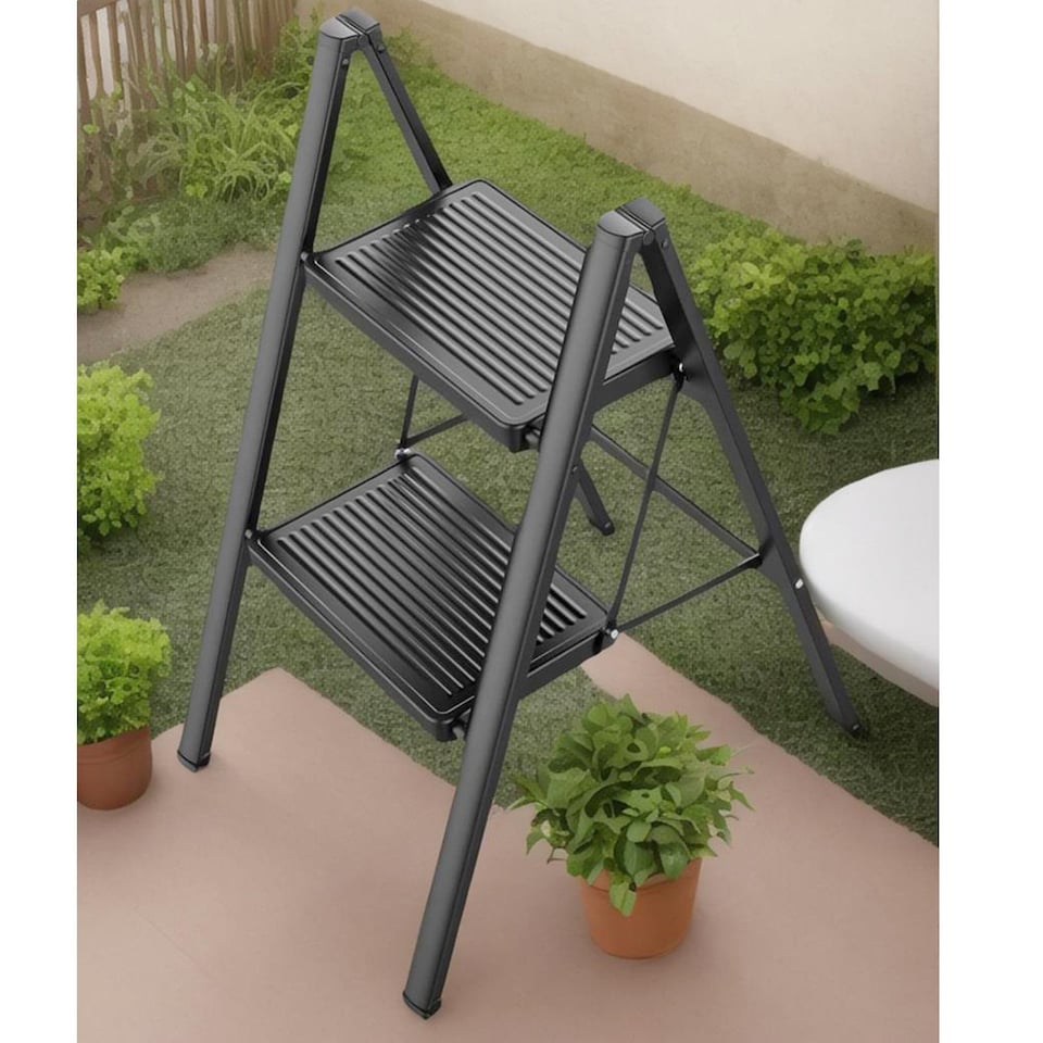 image 1 of Gr8 Home 2 Step Ladder Black Folding Stool Non Slip Heavy Duty Carbon Steel Lightweight