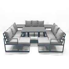 Fimous 11 Seater Garden Sofa Set Aluminium Furniture Rising Dining Tabe Set with 2 Side Tables 2 Big Footstools Dark Grey