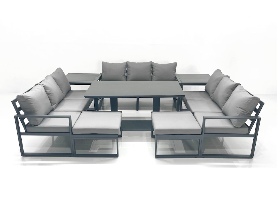 image 1 of Fimous 11 Seater Garden Sofa Set Aluminium Furniture Rising Dining Tabe Set with 2 Side Tables 2 Big Footstools Dark Grey