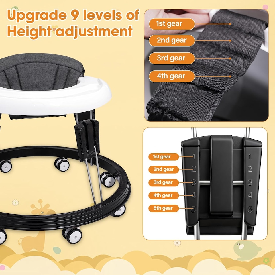 image 1 of Alivio Foldable Baby Walker with 9-Height Adjustment & 360° Safety (Black & White)