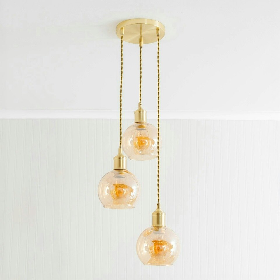 image 1 of ValueLights Bellamy Amber Glass Globe 3 Drop Cluster Gold Ceiling Pendant Light with Bulbs Gold