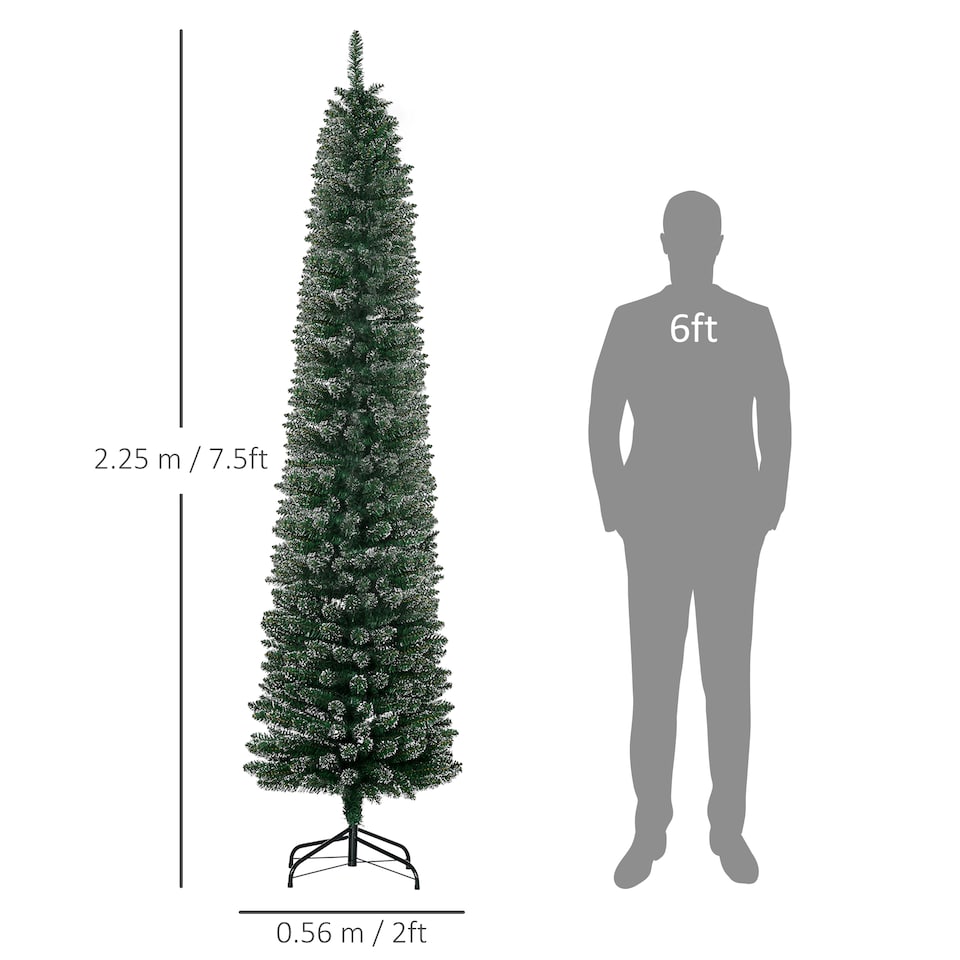 image 1 of HOMCOM 7.5FT Artificial Snow Dipped Christmas Tree mas Pencil Tree Holiday Home Indoor Decoration with Foldable Black Stand, Green