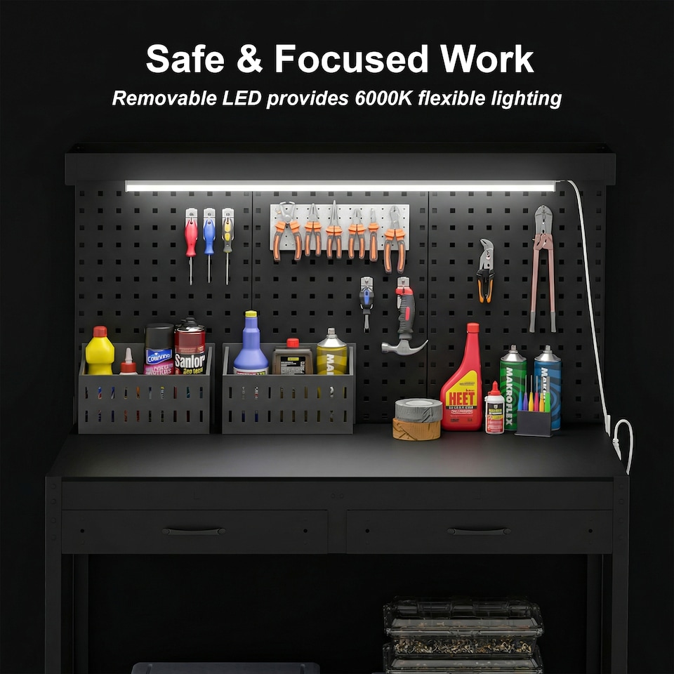 image 1 of HOMCOM 110 cm Workbench with Pegboard and LED Light, 272 kg Load Capacity | Black | Black | 110L x 60W x 150H cm