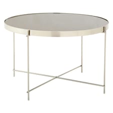 Large Grey Mirror Round Side Table,Round Table With Brushed Nickel Trim, Side Table With Metal Lattice Base