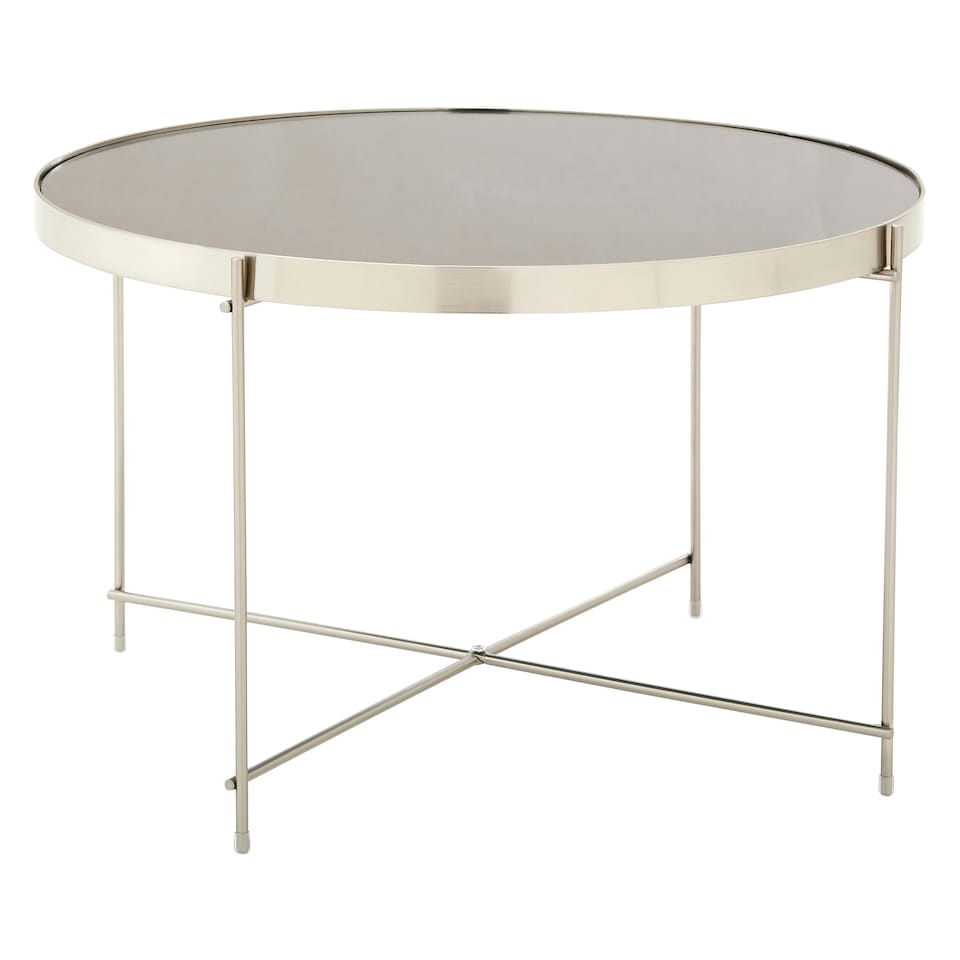 image 1 of Large Grey Mirror Round Side Table,Round Table With Brushed Nickel Trim, Side Table With Metal Lattice Base