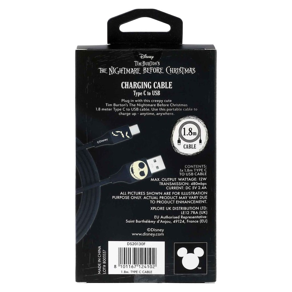 image 1 of Nightmare Before Christmas 6ft USB-A To Type-C Braided Charging Cable Jack Bats