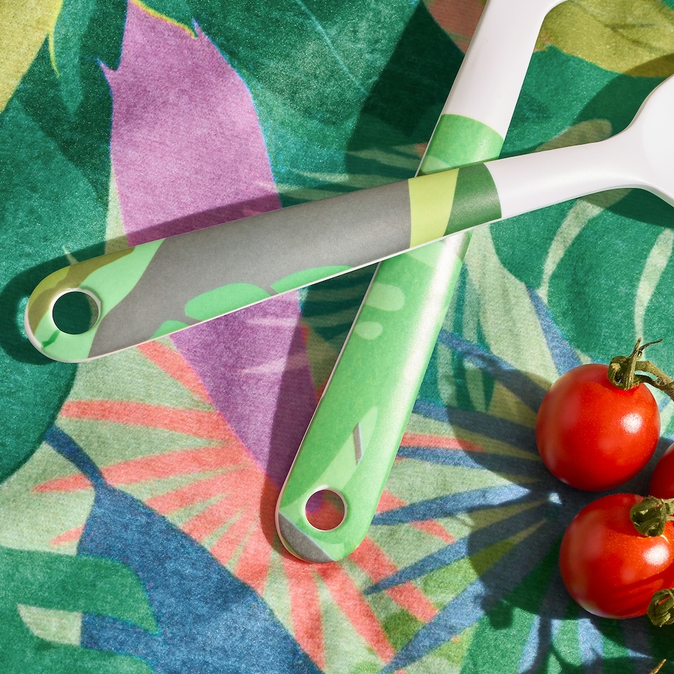 image 1 of OHS Summer Print Plastic Picnic Salad Bowl Utensil Set Lightweight | Green | Colourful Palm